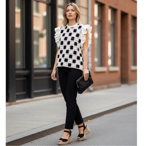 NEW blue b Cream Black Crochet Checker Floral Patchwork Ruffle Sleeve Blouse S